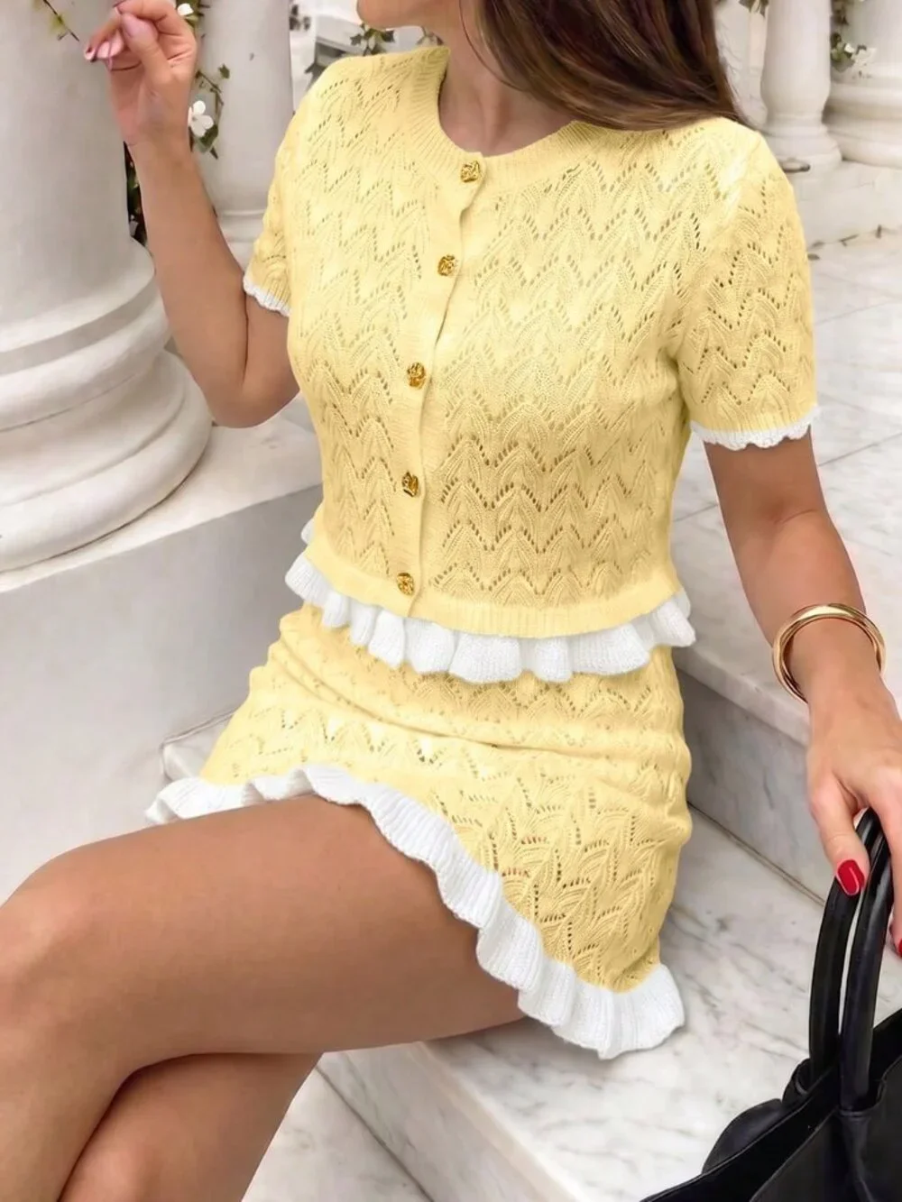 Yellow Casual Women's Knit Floral Pattern Ruffle Short Sleeve Top + Skirt Set